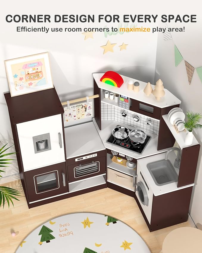 Babytronic Corner Wooden Play Kitchen Set for Kids w/Lights & Sounds, Pretend Play Kitchen Playset with Stove, Microwave, Ice Maker & Accessories, Perfect for Toddlers & Multiple Children (Coffee)