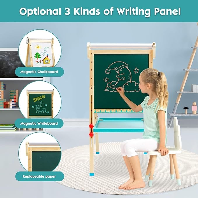 Children's Art Easel with Paper Roll,Double-Sided Whiteboard&Chalkboard,Adjustable Magnetic Standing Easel with Numbers and Other Accessories,Painting Easel for Girls Boys