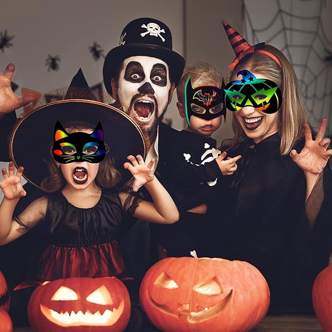 36PCS Halloween Scratch Masks, DIY Rainbow Scratch Paper Mask Art Craft Kit with Bamboo Stylus & Elastic Bands for Magic Scratch Party Favors, Birthday Gifts Pack, Halloween Party for kids