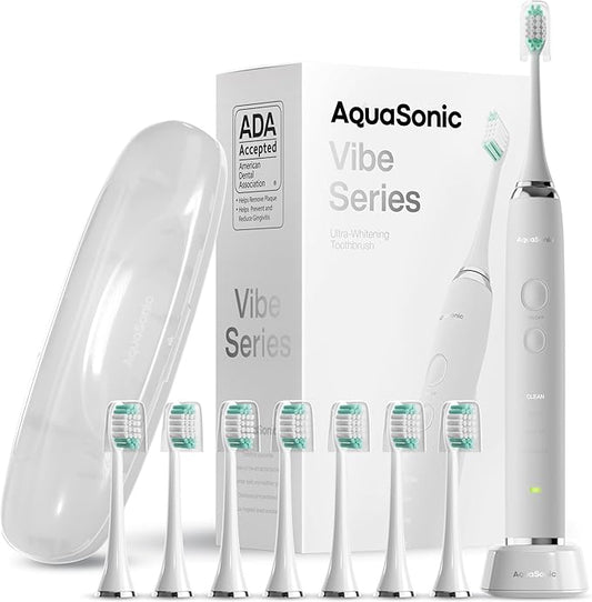 Aquasonic Vibe Series Ultra-Whitening Toothbrush – ADA Accepted Electric Toothbrush - 8 Brush Heads & Travel Case – 40,000 VPM Motor & Wireless Charging - 4 Modes w Smart Timer – Optic White