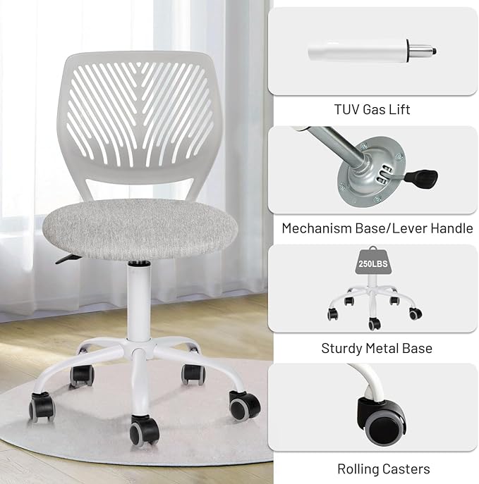 FurnitureR Desk Chair Armless, Study Computer Chair Adjustable Swivel for Student Children Kids, Comfy Cute Home Office Chair Fabric Seating Cushion and Plastic Low-Back with Rolling Wheels, Grey