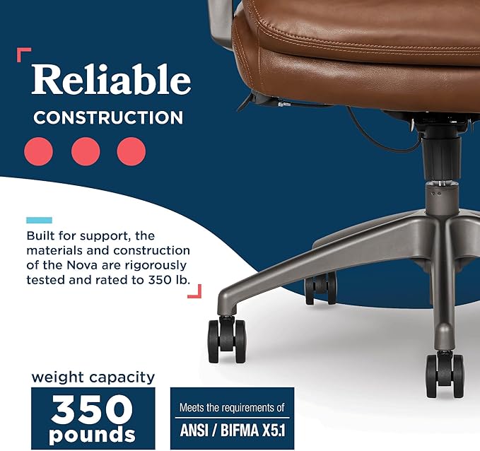 La-Z-Boy Nova Vegan Leather Modern Executive Ergonomic Design Office Chair, Memory Foam Thick Contoured Seat Back with Patented Lumbar Support Technology, Soft to Medium Sit Comfort, Cognac