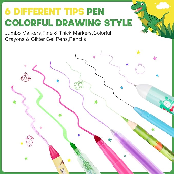 Fruit Scented Markers Set 57Pcs with Glitter Dinosaur Pencil Case & Stationery, Art Supplies for Kids Ages 4-6-8, Art Coloring Kits Box,Gifts Toy for Boys Age 5,7,Gel Pen,Pencil&Crayon Drawing Stuff