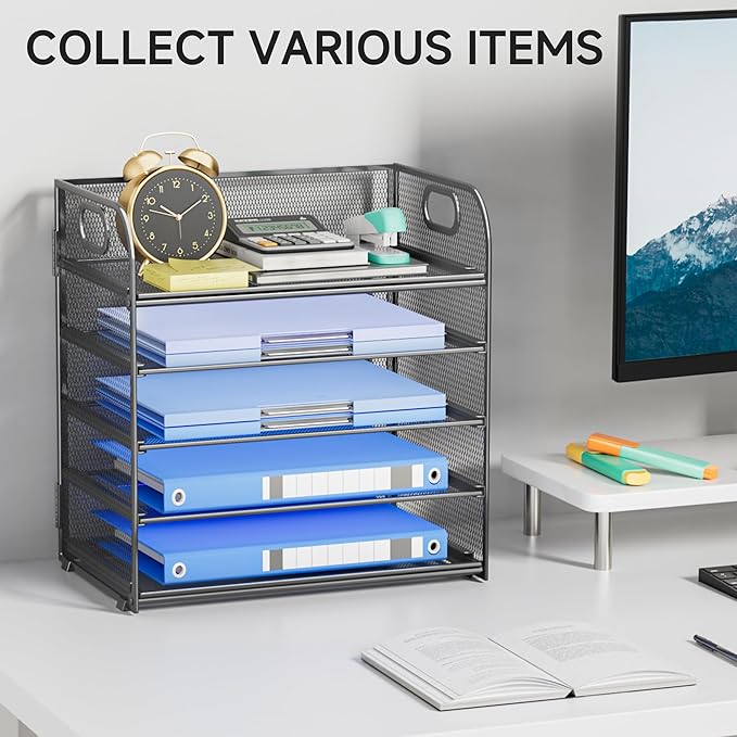 5-Tier Stackable Paper Organizer with Handle, Gray Metal Mesh Letter Tray | Modern Desk File Sorter for Office, Home & Classroom Organization