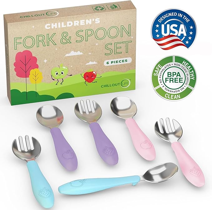 CHILLOUT LIFE Toddler Utensils, Kids Silverware with Silicone Handle, Stainless Steel Metal Toddler Forks and Spoons Safe Baby Cutlery Set for Self Feeding BPA Free Dishwasher Safe