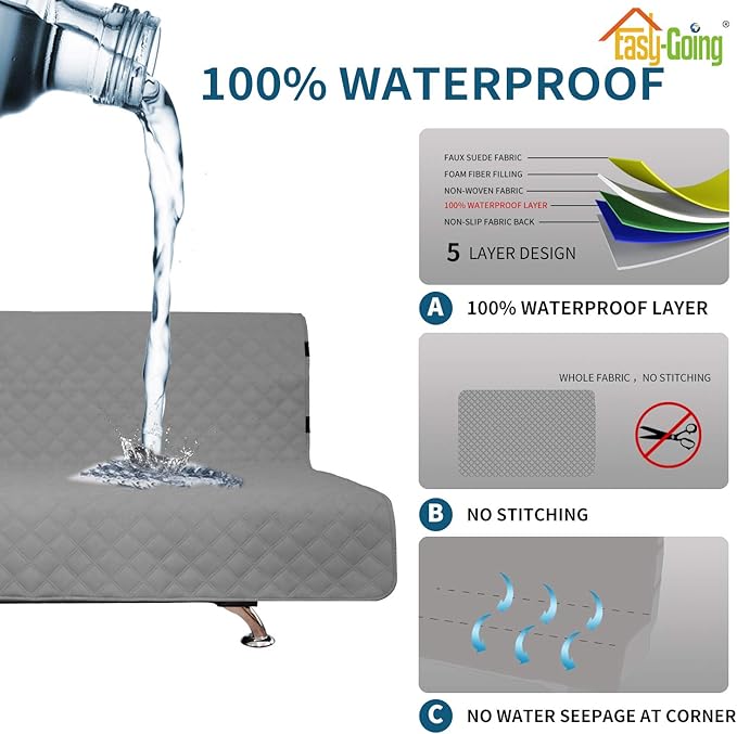 Easy-Going Sofa Slipcover Futon Cover Waterproof Couch Cover Furniture Protector Cover Pets Covers Whole Fabric No Stitching Non-Slip Fabric Pets Kids Children Dog Cat (Futon, Grey)