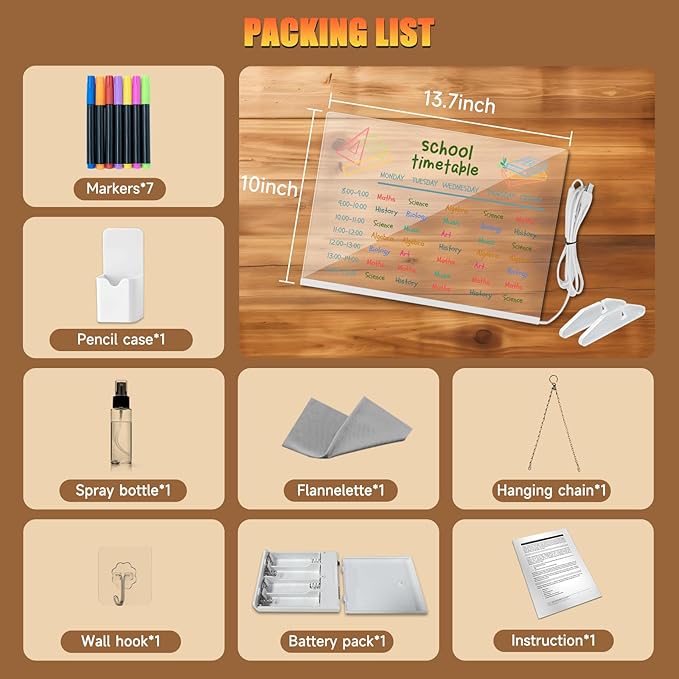 LED Note Board with Colors-Light Up Acrylic Dry Erase Board with 6 Modes & 8 Colors,13.7"X10" Include 7 Markers, Hanging Chain, Battery Case, Led Writing Board with Battery Pack for Home/Office/Decor