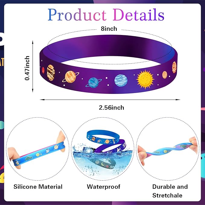 JUNEBRUSHS 42pcs Outer Space Party Favors Silicone Bracelets Galaxy Astronaut Stars Space Rubber Wristbands Accessories for Students Space Themed Birthday Party Favors Decorations Supplies(6 Designs)
