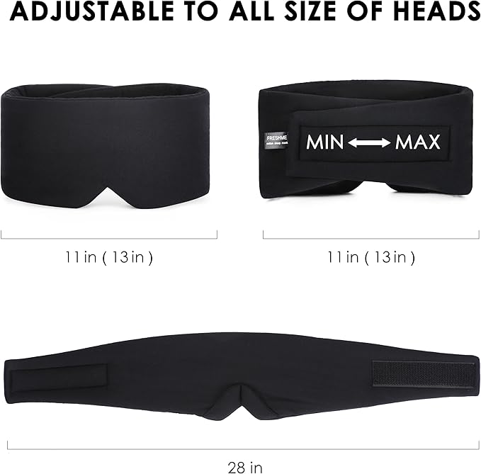 FRESHME Sleep Mask Blackout - Handmade Cotton Sleep Mask for Women Men Eye Mask for Sleeping Black Soft Eye Cover for Sleeping with Adjustable Veclro Breathable Eye Blindfold for Night Nap Travel