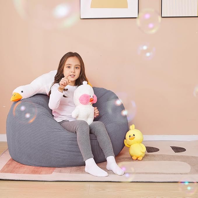 Stuffed Animal Storage Bean Bag Chair Cover for Kids, 38" Beanbag Chairs Cover Plush Toys Organizer Super Soft Corduroy with Handle and Zipper for Boys and Girls - Grey