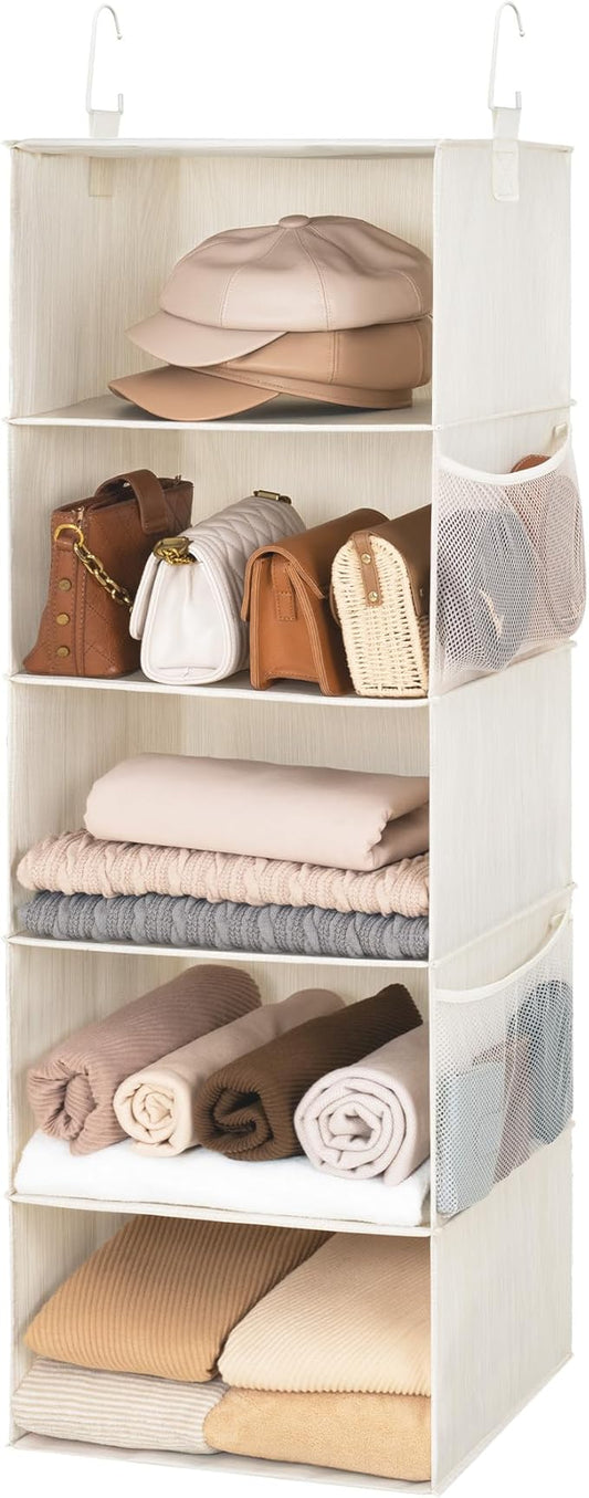StorageWorks 5-Shelf Hanging Closet Organizers, Foldable Closet Storage Organizer with 2 Side Pockets, Portable Hanging Shelves for Clothes, Sweater, 12 1⁄2" D x 15" W x 48" H, White & Ivory