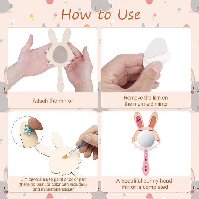 Fennoral 9 Pack Wooden Mirror Craft for Kids Decorate You Own Bunny Mirrors for Girls DIY Paint Wooden Hand Mirror for Art Activities Girls Birthday Gifts