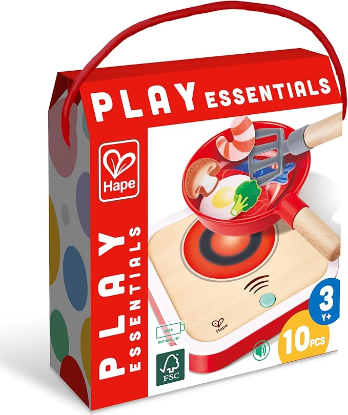 Hape: Interactive Stove Set - Light & Sound, Wooden Cooking Kitchen Play Set, 7pc Felt Food Accessories, Chef Realistic Pretend Play Toy, Kids Ages 3+