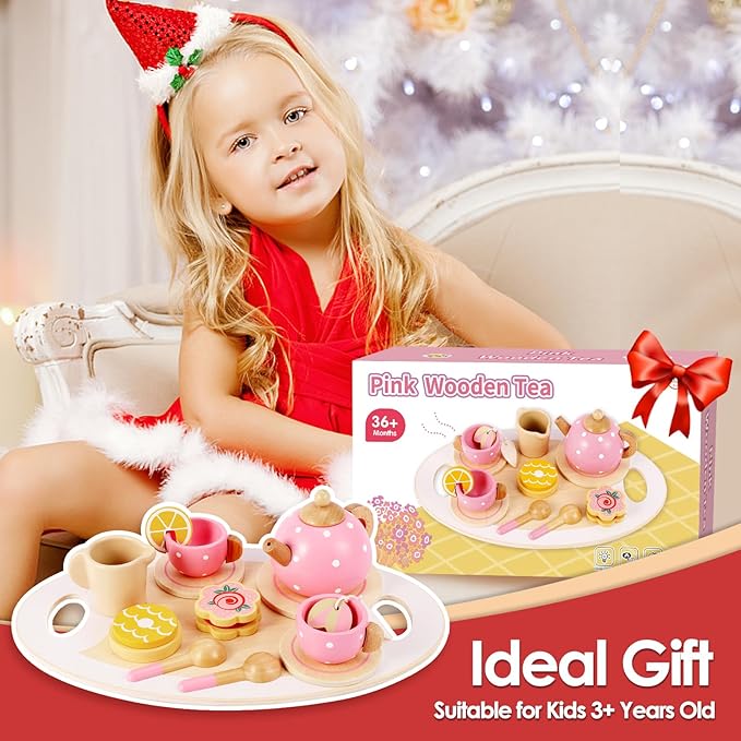 BUYGER Pretend Play Princess Tea Party Set for 3 4 5 6 + Year Old Wooden Kitchen Play Food Accessories Sets Gifts for Toddler Little Girls Boys Age 3-5