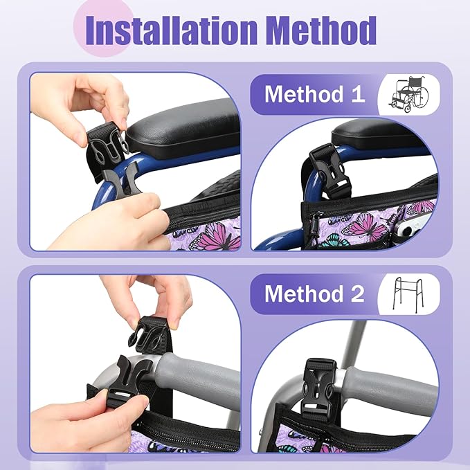 Wheelchair Side Bag, Wheelchair Armrest Pouch Accessories with Cup Holder, Storage Bag for Walker, Rollator, Electric Scooter Wheelchairs, Ideal Gift for Mother's Day & Father's Day (Purple)