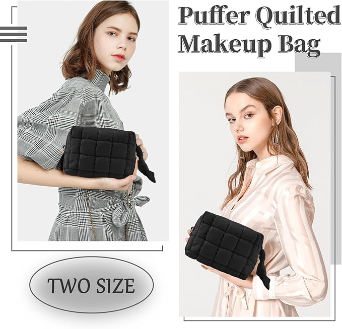 Puffer Quilted Makeup Bag Cosmetic Bags,Puffy Travel Toiletry Pouch for Women,Cute Checkered Zipper Bag Travel Essential,Portable Aesthetic Make up Organizer Bag for Gifts Work Daily(Black,S)