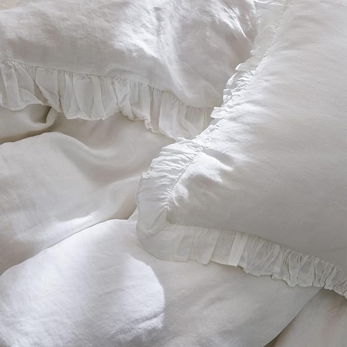 Simple&Opulence 100% Linen Duvet Cover Set, 3 PCS Natural French Flax White Ruffle Duvet Cover King Size, Breathable Comfy Linen Bedding Comforter Cover with 2 Pillowcases (White, 104" X 92")