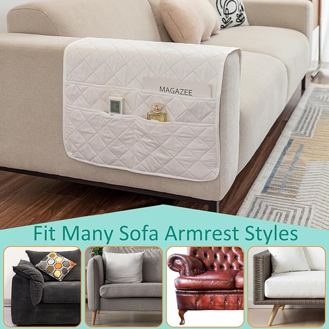 Armchair Caddy Remote Control Holder Sofa Organizer, Non-Slip Couch Arm Chair Caddy with 6 Pockets for Tablets,Smart Phone,Books,Pens,Magazines,Ipad (Off-White)