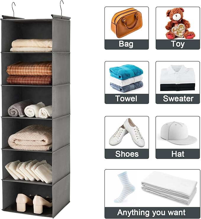 MAX Houser 6 Tier Shelf Hanging Closet Organizer, Closet Hanging Shelf with 2 Sturdy Hooks for Storage,2 Pack, Foldable (Grey)