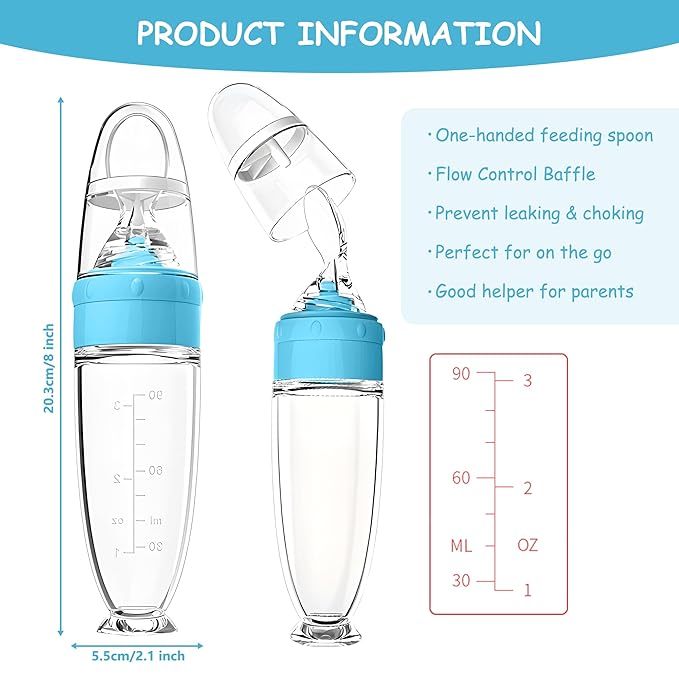 WAJIAYON Baby Food Feeder 4 Pack Silicone Baby Food Dispensing Spoon-3 oz Squeeze Feeding Spoons with Suction Cup for Boys Girl Kids Toddlers - Self Feeding Bottle Spoon-Sky Blue