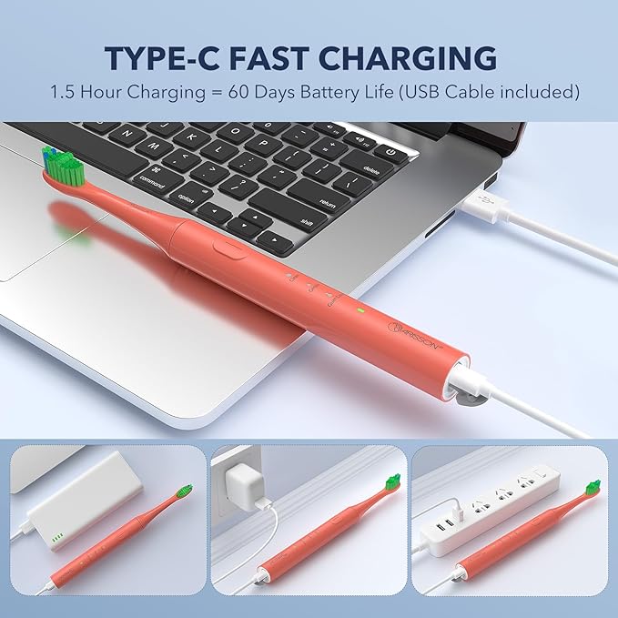 ARISSON Sonic Electric Toothbrush for Adults and Kids, 40,000 VPM Power Toothbrush, 1.5H Fast Charge Ultrasonic Electric Toothbrushes with 2 Minutes Smart Timer, 1.6 Oz Travel Toothbrush, Peach Orange
