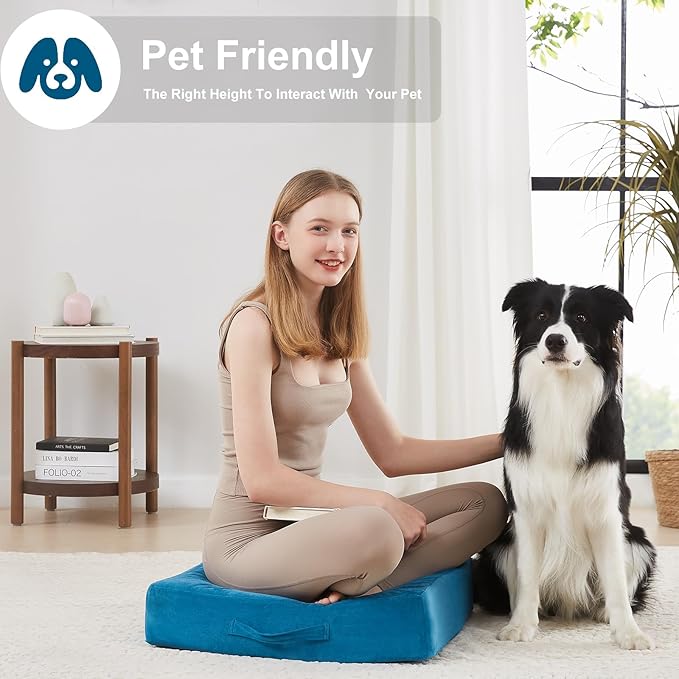 22 inches Floor Pillow for Adults - Large Meditation Cushion with Thick Foam & Soft Tufted Cover - Premium Outdoor Square Floor Cushion Seat - Yoga Pillow for Sitting On Floor - Peacock Blue