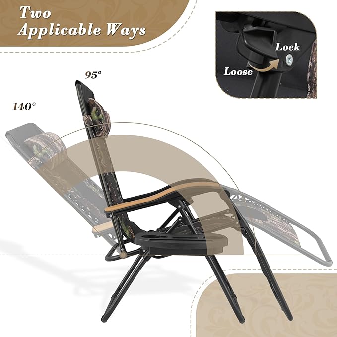 Athena Collection Zero Gravity Outdoor Lounge Chair Set of 2 with Cup Holder, 29" Width Pool Lounge Lawn Chairs Reclining, Outdoor Chaise for Beach Patio Backyard Outside, Jungle