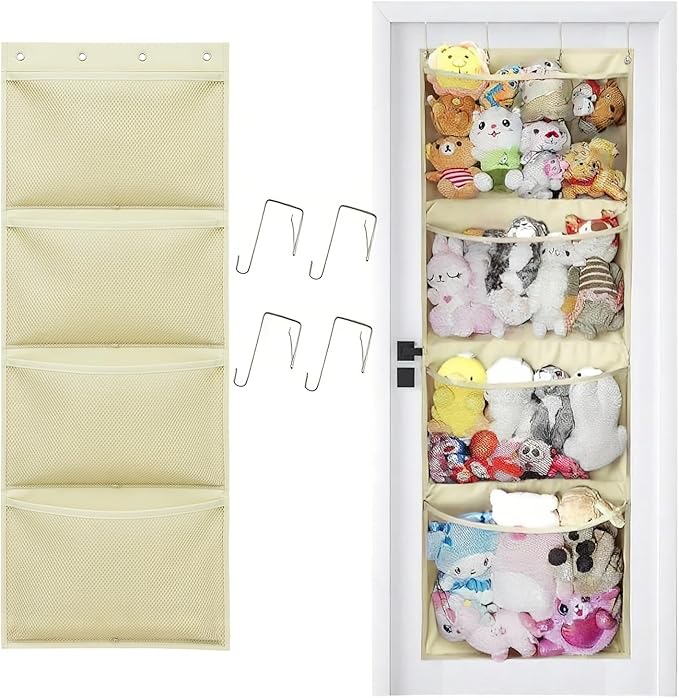 Hanging Stuffed Animal Storage,Kids Storage Organizer Large Capacity Over The Door Storage,Stuffed Toys Mesh Hammock Bag for Kids Room,65"×23.8",Beige