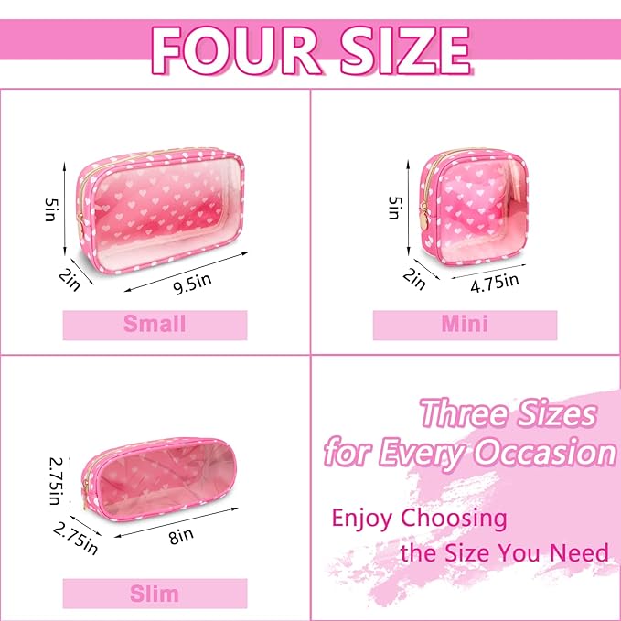 UIXIZQ Clear Small Pencil Pouch Makeup Bag for Purse,Nylon&PVC Pencil Case Waterproof Makeup Brush Holder with Zipper,Preppy Transparent Pen Bag Travel Cosmetic Bag for Women Office(Slim-Pink Heart)