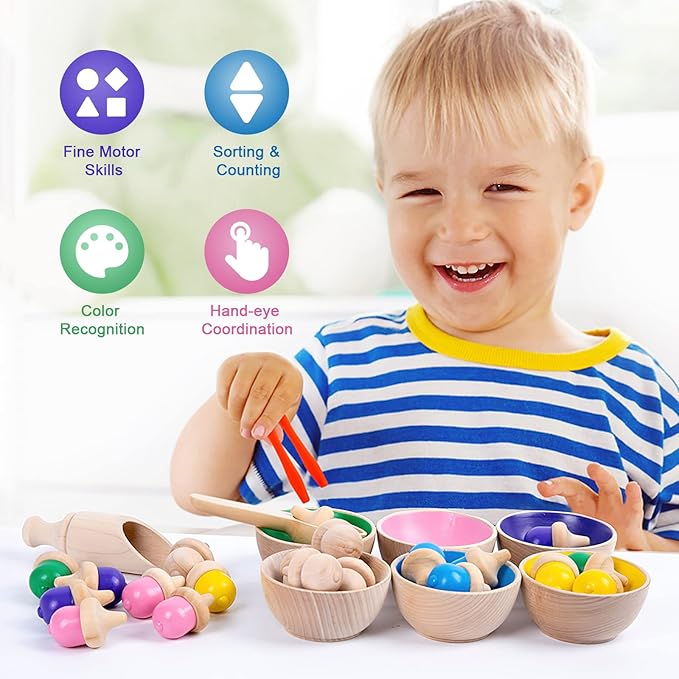 WODI Wooden Color Sorting Toys for Toddlers 3+ Rainbow Counting Acorns with Matching Sorting Cups Montessori Toys for 3+ Year Old Preschool Learning Activities for Sensory Training