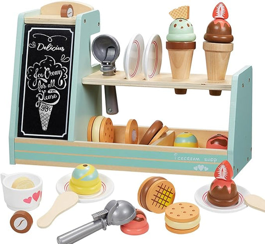 Giant bean Wooden Ice Cream, Coffee and Frozen Treat 3-in-1 Counter Playset, 25 PCS Toddler Pretend Play Kitchen Accessories, Kids Wooden Toys for 1+, Christmas Birthday Gift for Kids