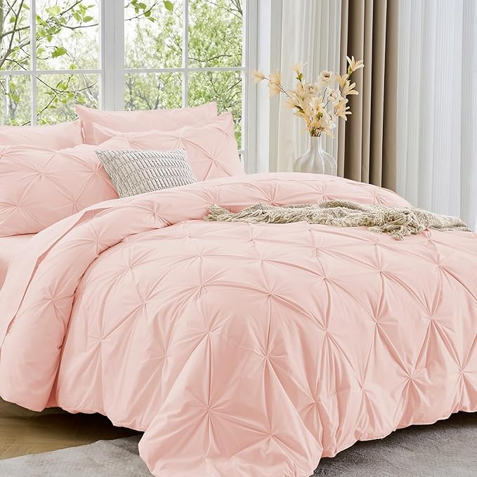 Sasttie Full Size Comforter Set, 7-Piece Bed in a Bag, Pintuck Bedding Set for All Season, Includes Comforter, Flat Sheet, Fitted Sheet, Pillowcases and Pillowshams, Blush Pink