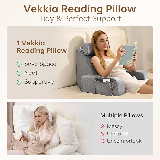 Vekkia Reading Pillow for Adults – Ergonomic 45° Wedge Back Support Chair for Sitting in Bed, XL Side Pockets, Perfect for Working, Gaming, Watching TV, Relaxing, or Recovery, Great Gift Idea, 19”