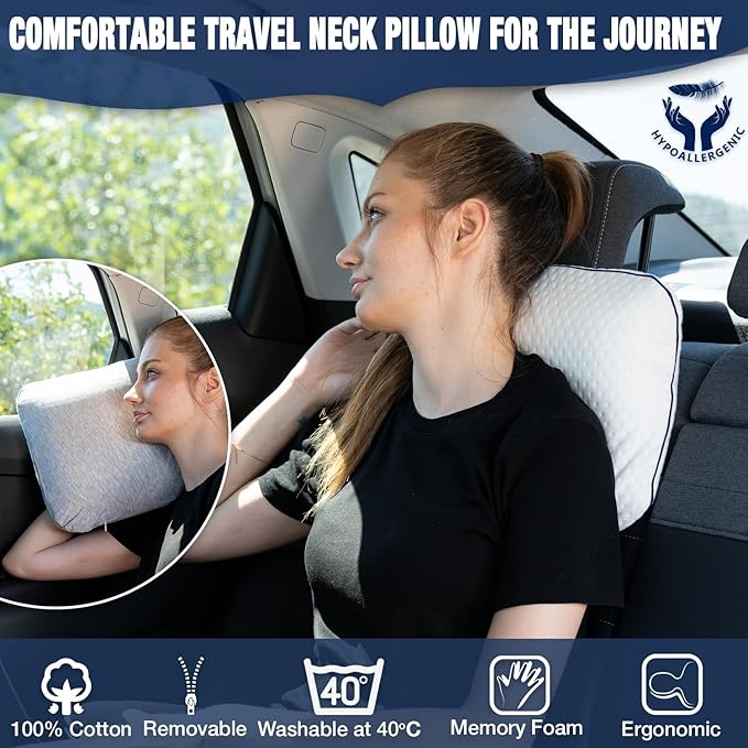 alkamto Travel & Camping Comfortable Memory Foam Pillow – Easy to Carry Portable Bag – Temperature Regulating Pillow Case (White + Extra Cover)