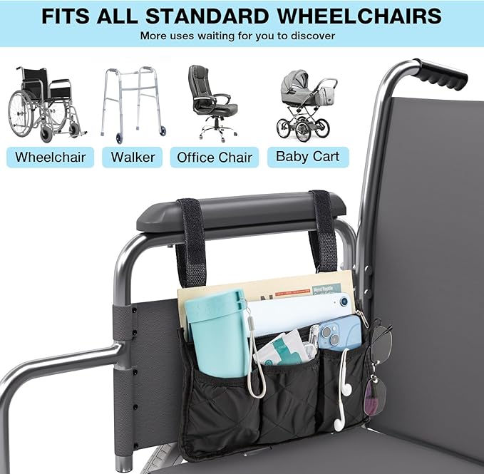 Noverlife 2 Pack Lengthened Wheelchair Side Organizer Bags, Detachable Band Wheelchair Armrest Storage Pouch for Walker, Rollator Bag Wheelchair Pouch Side Pocket Storage Bag for Electric Wheelchairs