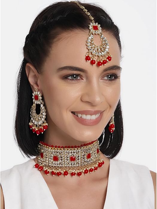 Aheli Bridal Kundan Faux Pearl Choker Necklace with Earrings Maang Tikka Gift for Women Indian Traditional Bollywood Fashion Jewelry Set