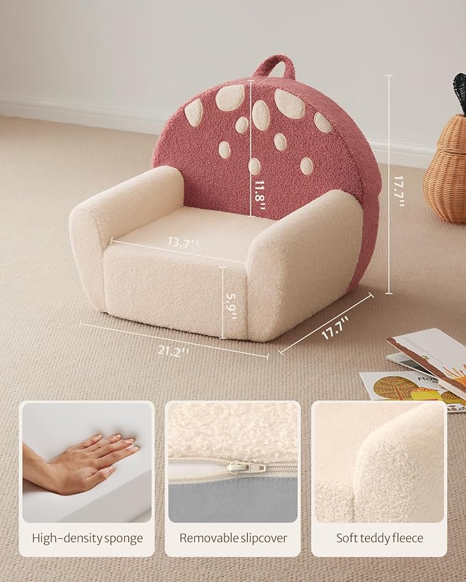 Blissful Diary Toddler Chair Comfy, Foam Kids Chair with Soft Teddy Plush, Toddler Reading Armchair with Cute Mushroom Designs- Rusty Red
