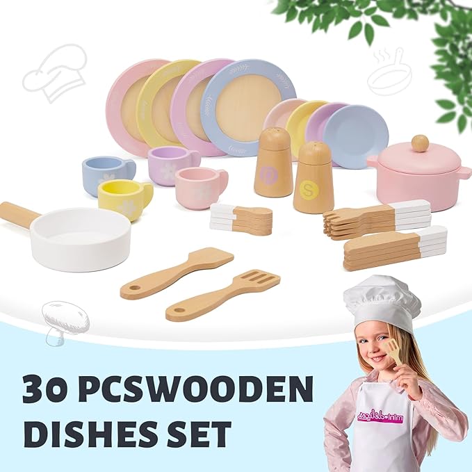 30 PCS Wooden Toy Plates and Dishes for Kids, Play Kitchen Accessories Set, Pretend Play Food Sets for Children Kitchen, Montessori Toys for Girls and Boys