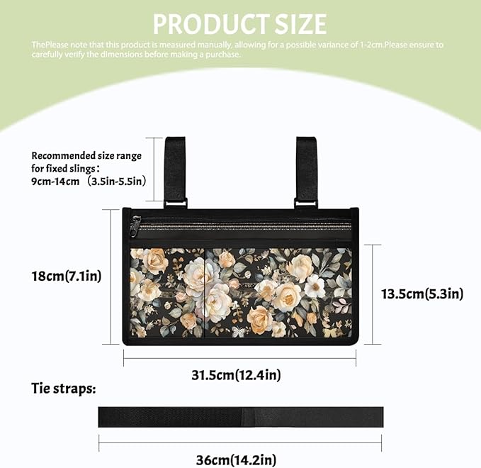 ZOUTAIRONG Flowers Wheelchair Side Bag, Wheel Chair Accessories - Arm Rest Storage Pouch Organizer to Hang on Side, Fits Walkers, Rollators, Scooters, for Men and Women