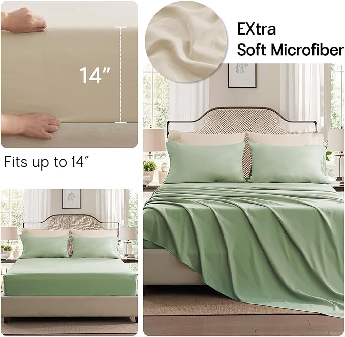 Anluoer Sage and Cream Queen Comforter Set 7 Pieces, Bed in a Bag with Sheets, All Season Bedding Sets with 1 Comforter, 2 Pillow Shams, 2 Pillowcases, 1 Flat Sheet, 1 Fitted Sheet