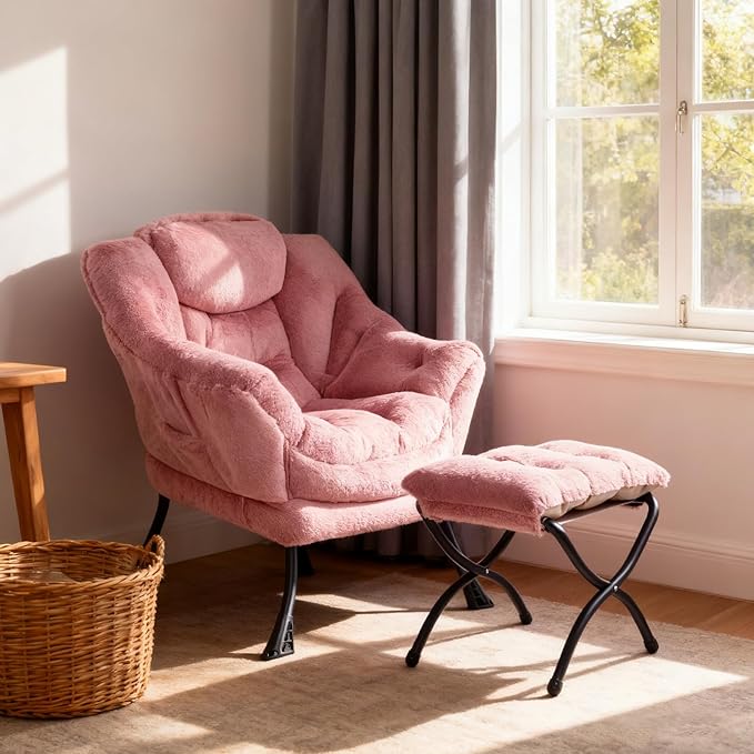 Welnow Lazy Chair with Ottoman, Modern Lounge Accent Chair with Armrests and a Side Pocket, Leisure Sofa Armchair Set, Reading Armchair with Footrest for Small Space, Plush Dark Pink