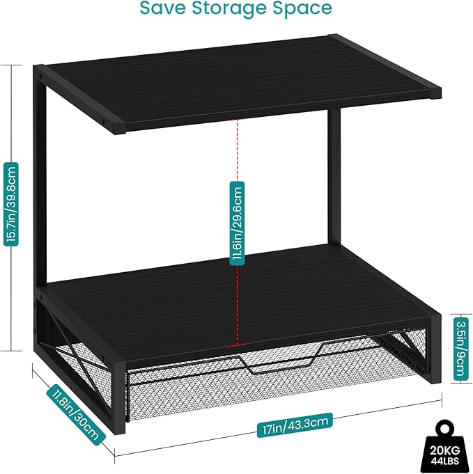 ELITEROO 2-Tier Printer Shelf with Drawers, Wooden Desk Organizer Shelf for Small Printers and Office Supplies, Desktop Storage Rack for Books, Folders, Scanner, Fax Machine, 3D Printer, Black