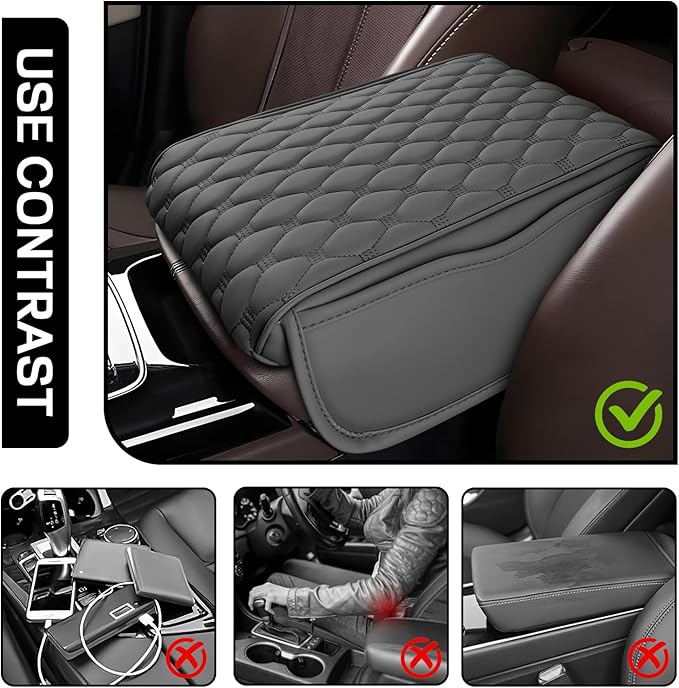 wuyaoyao Car Center Console Cover, 12.13"×8.66"×3.74" Leather Car Armrest Cover with with 2 Side Pockets, Memory Foam Soft Auto Armrest Cushion Pad, Universal Vehicle Arm Rest Protector (Gray)