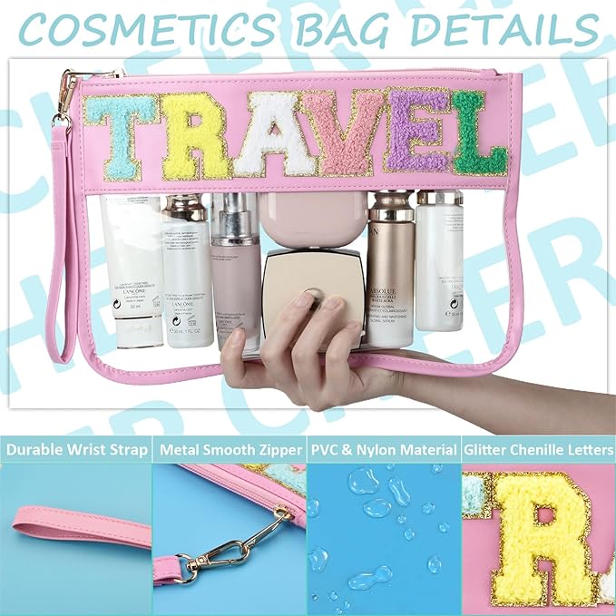 BuyCard Chenille Letter Clear Flat Makeup Pouch for Travel, Cute Cosmetic Basg with Zipper, PU & PVC Waterproof for Toiletry Beach Snacks, Portable with Wristlet for Women & Girls (Pink)