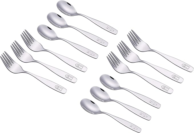 ANNOVA Children's Flatware Set - Stainless Steel Cutlery/Silverware - Safe Kids Toddler Utensils Lunch Box (Engraved Dog Cat Bunny) (Stainless Steel, 12 Forks & Spoon)
