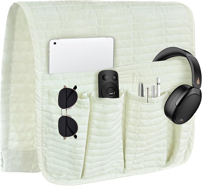 MEHIDFY Sofa Armrest Caddy, Waterproof Bedside Storage Organizer, Non Slip Armchair Pockets, Remote Control Holder for Couch, Handy Pouches with 6 Pockets for TV Remote, Phone, Magazine(White)