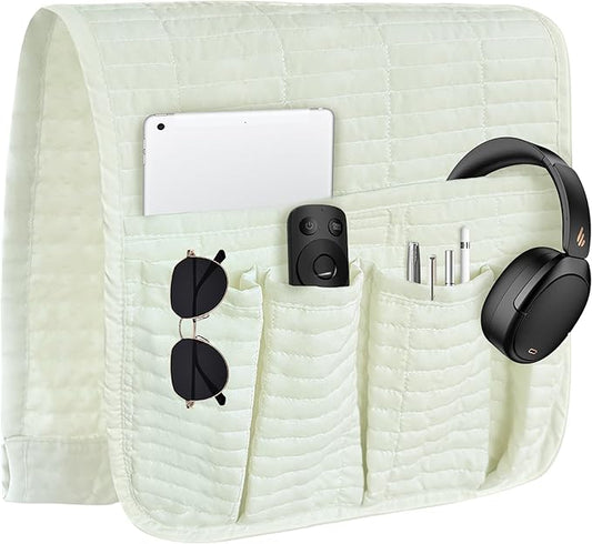 MEHIDFY Sofa Armrest Caddy, Waterproof Bedside Storage Organizer, Non Slip Armchair Pockets, Remote Control Holder for Couch, Handy Pouches with 6 Pockets for TV Remote, Phone, Magazine(White)