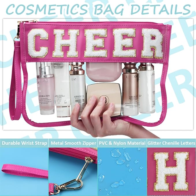 BuyCard Cheer Chenille Letter Bags Clear Makeup Bag, Cheerleader Gifts Cosmetic Bag, Varsity Preppy Patch Flat Pouch Cheer Accessories, Waterproof PVC Organizer Toiletry Bag for Women Girls