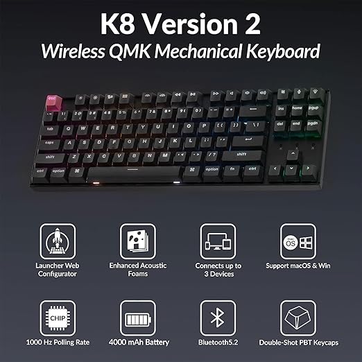 Keychron K8 Version 2 TKL Custom Wireless Mechanical Keyboard, QMK Programmable Bluetooth 5.2/Wired, RGB Backlit with Shine-Through PBT Keycaps, Super Red Switch for Mac Windows Linux