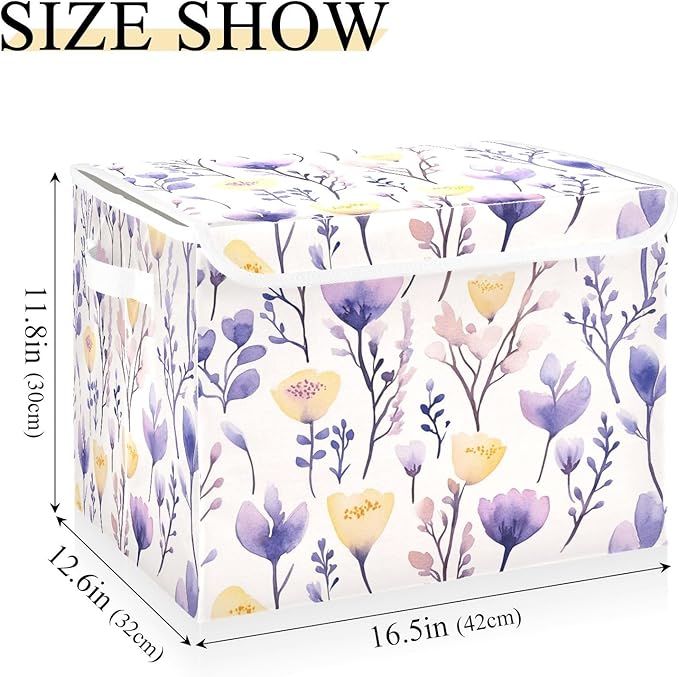 senya Large Storage Bins with Linen Collapsible Foldable Storage Cubes Fabric Closet Organizer Containers box with Flip-Top Lid for Home Bedroom Office 16.7 x 12.6 x 11.8in (Yellow Purple Flower)